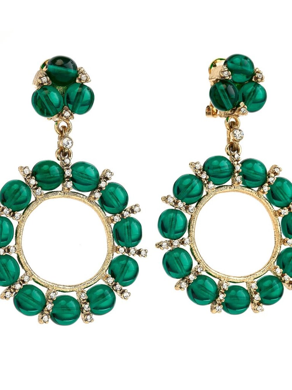 KENNETH JAY LANE, EMERALD/CRYSTAL AND 10MM PEARL CLIP EARRINGS